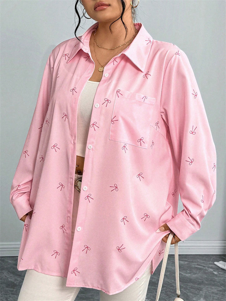 Plus Size Bow Print Loose Fit Button Up Blouses for Women