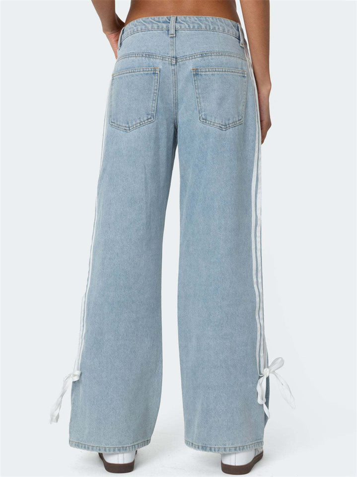 Women's Retro Mid Waist Side Stripe Straight Denim Pants