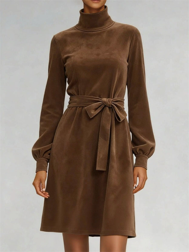 Casual Suede Turtleneck Dress for Women with Belt and Puff Sleeves