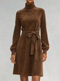 Casual Suede Turtleneck Dress for Women with Belt and Puff Sleeves