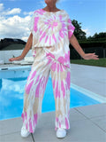 Women's 2Pcs Casual Holiday Style Printed Short Sleeve Shirt & Pant Set