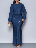 Women's Elegant Glitter Long Sleeve Pleated Fishtail Maxi Evening Dresses