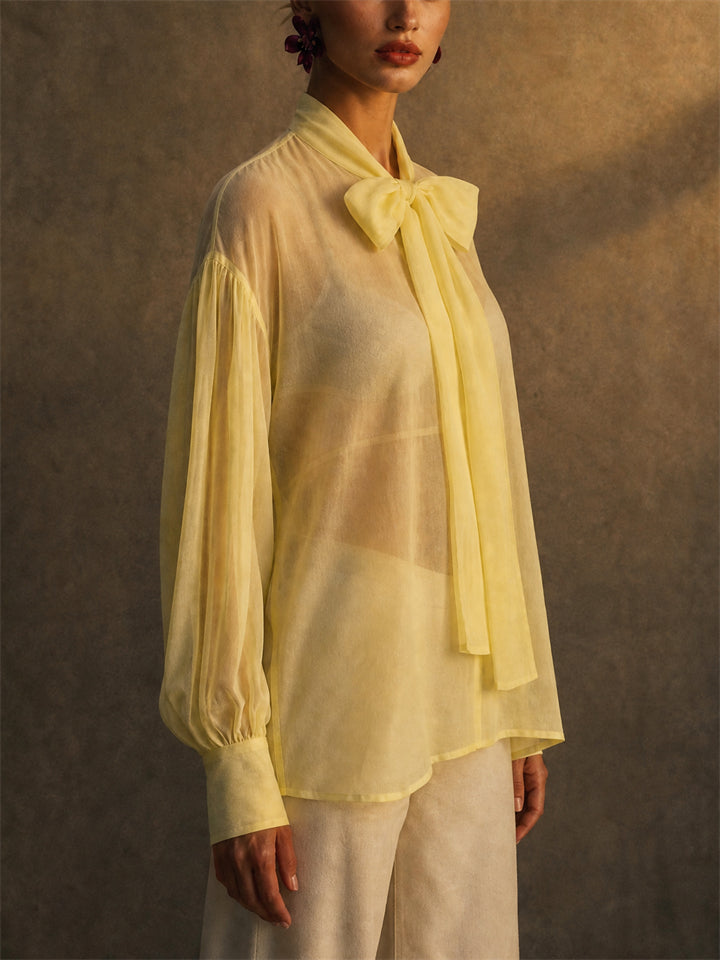 Women Elegant Sheer Bow Tie Lantern Sleeve Blouse