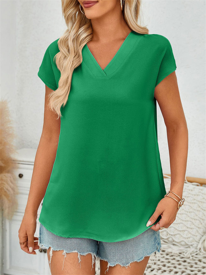 Women's Summer Solid Color V Neck BatWing Sleeve Shirts