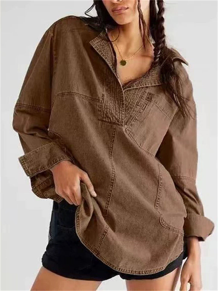 Women's Autumn Distressed Solid Color V Neck Pullover Denim Shirts