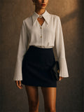 Womens Elegant Pleated Flare Sleeve Cutout V Neck Blouses