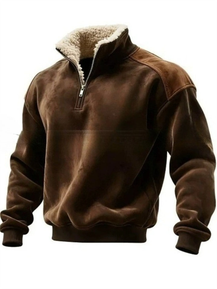 Men's Winter Patchwork Stand Collar Fleece Lined Zipper Sweatshirts