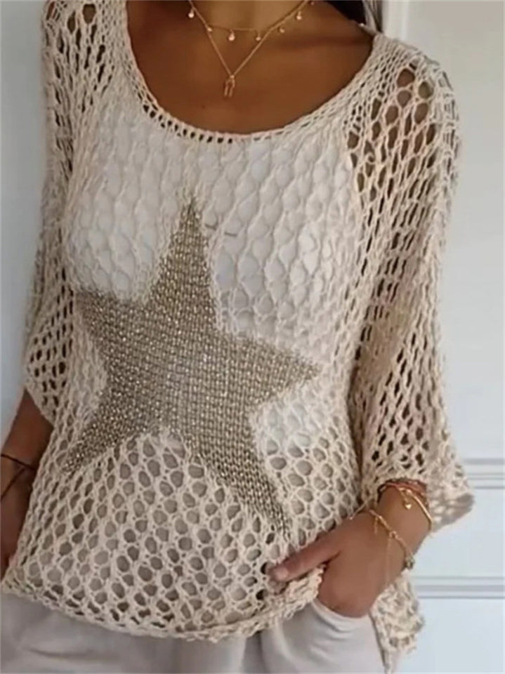 Contrast Color Round Neck 3/4 Sleeve Hollow Sweater for Women