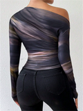 ‌Women's Marble Print Off One-Shoulder Long Sleeve Shirts