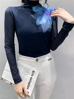 Women's Long Sleeve Flower Print Mesh High Neck Top