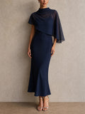 Womens Elegant Chiffon Capelet Overlay Wedding Guest Midi Dress