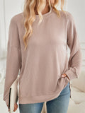 Women's Casual Solid Color Split Round Neck Long Sleeve T-Shirt