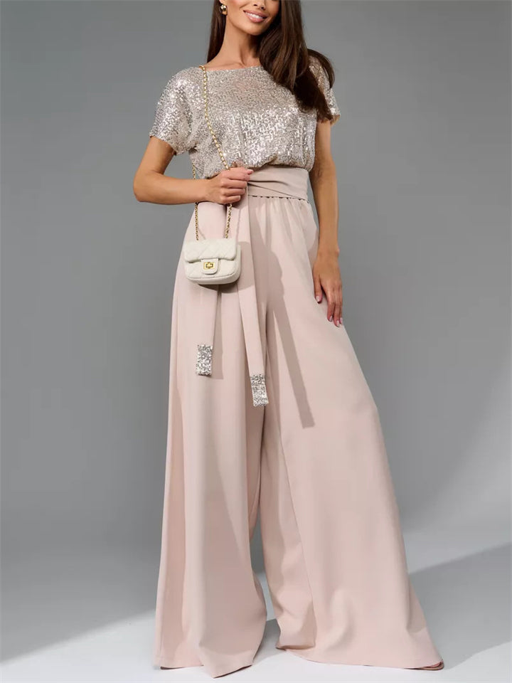 Fashion Sequin Short Sleeve Shirt Wide Leg Jumpsuit for Women