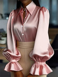 Women's Fashion Button Up Lapel Satin Ruffled Sleeve Blouses