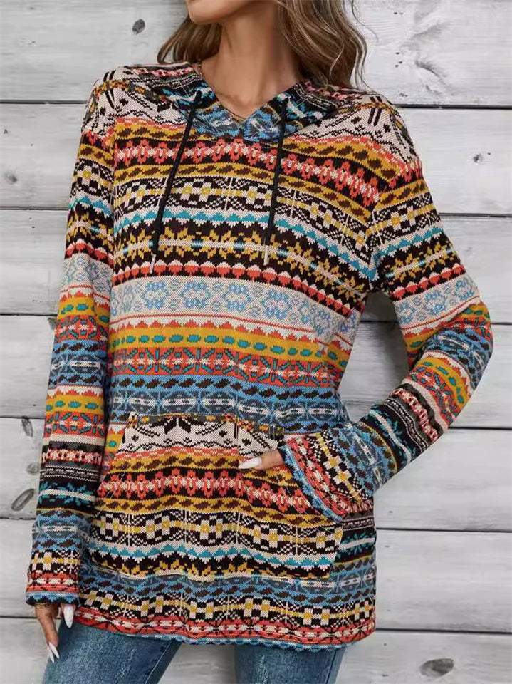 Women's Vintage Bohemian Pattern Hoodie with Kangaroo Pocket
