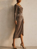 Women Elegant Velvet Cowl Neck Long Sleeve Ruched Midi Dress