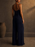 Women Black Lace V Neck Tie Back Wide Leg Summer Jumpsuit