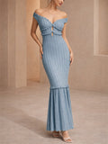 Women's French Style Keyhole Off Shoulder Knit Ruffle Mermaid Maxi Dress