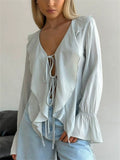 Women's Grunge Style Lace Up Ruffle Flare Sleeve V-Neck Blouses