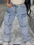Women's Bling Bling Rhinestone Studded Cargo Denim Jeans