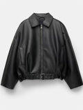 Women's Trendy Solid Color Zip Up Lapel Faux Leather Bomber Jackets