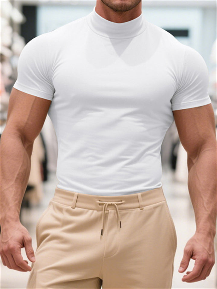 Men's Summer Solid Slim High Neck Short Sleeve Shirts