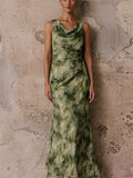 Women Green Watercolor Cowl Neck Ruched Cocktail Maxi Dress
