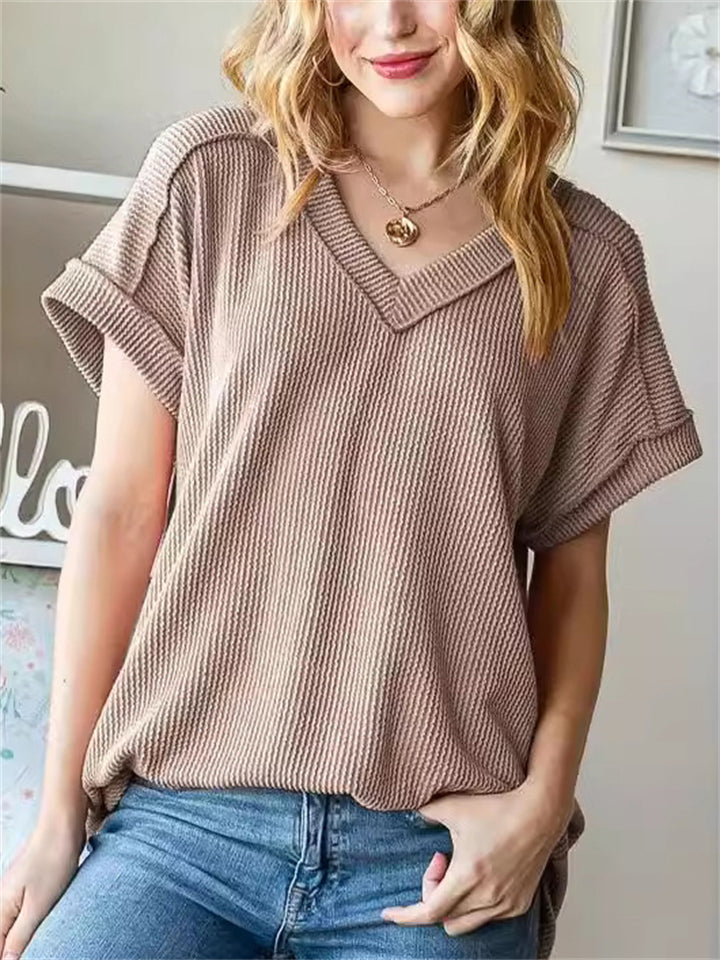 Women's Solid Color Pit Stripe V Neck Long Sleeve Shirts