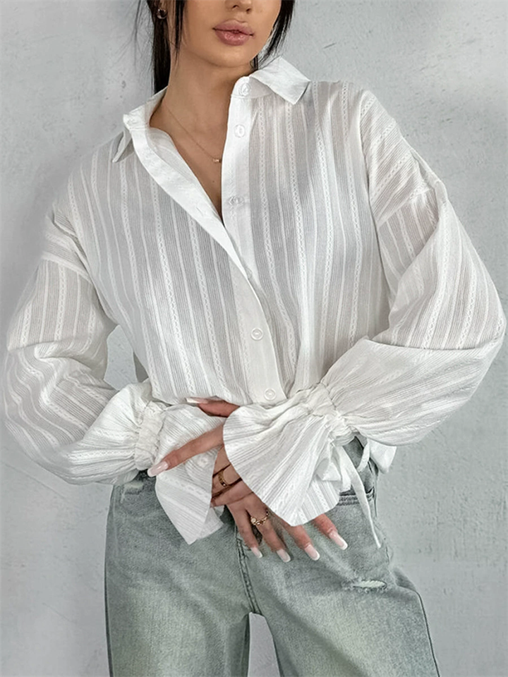 F‌rench Style White Striped Jacquard Loose Fit Button-up Blouses for Women‌