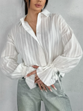 F‌rench Style White Striped Jacquard Loose Fit Button-up Blouses for Women‌