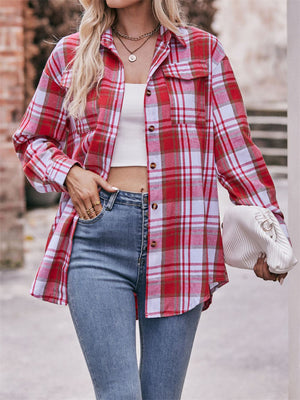 Vintage Fashion Plaid Lapel Oversize Long Sleeve Blouse for Lady