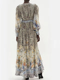 Women's Summer Long Sleeve V-Neck Leopard & Floral Print Maxi Dress