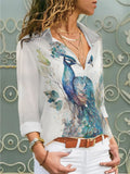 Women's Elegant Peacock Printed Lapel Long Sleeve Blouses