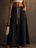 Women High Waist Drawstring A Line Denim Maxi Skirt