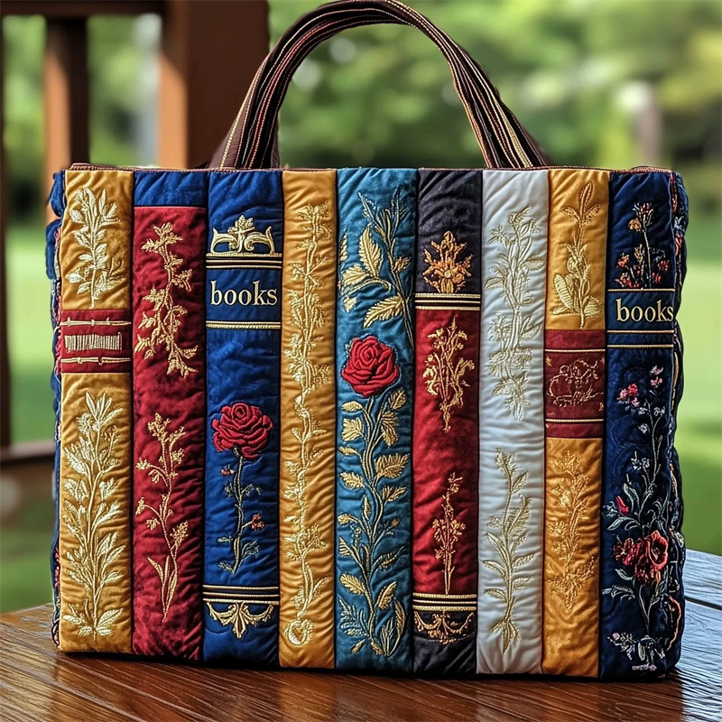 Vintage Book Stack Floral Quilted Tote Bags