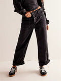 Female Loose Washed Button Trim Jeans with Pockets
