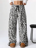 W‌inter Fleece Leopard Heart Print High Waist Wide Leg Women Casual Pants‌