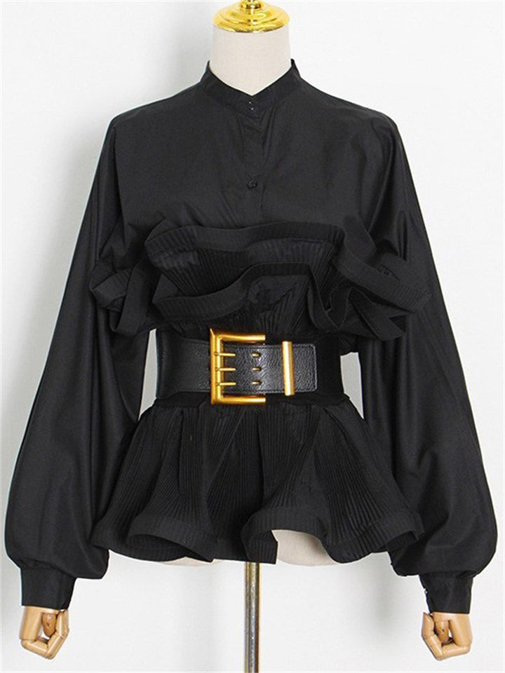 Korean Style Ruffled Sleeve Stand Collar High Waist Blouse