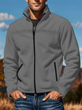 Men's Simple Casual Solid Color Zipper Stand Collar Fleece Coats