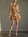 Women's Long Sleeve Pleated Chiffon Ruffle Tiered Mini Dress