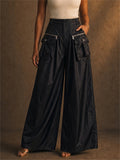 Women Metallic High Waist Cargo Wide Leg Pants with Pockets