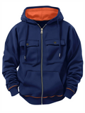Men's Autumn Fleece Zipper Long Sleeve Cargo Pockets Cardigan Hoodie