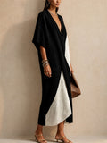 Women V Neck Batwing Sleeve Knit Colorblock Maxi Dress