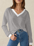 Women's Simple Contrast Trim V Neck Long Sleeve Sweatshirts