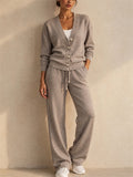 Women Button Up Knit Cardigan and Wide Leg Pants Two Piece Lounge Set
