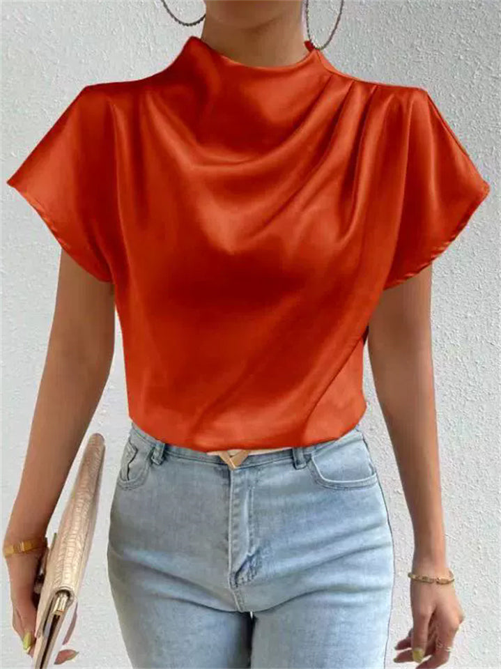 Ladies' Elegant Solid Color Semi-high Neck Short Sleeve Satin Blouses
