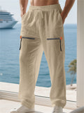 Men's Casual Drawstring Mid-Waist Wide Leg Beach Trousers with Zip Decor