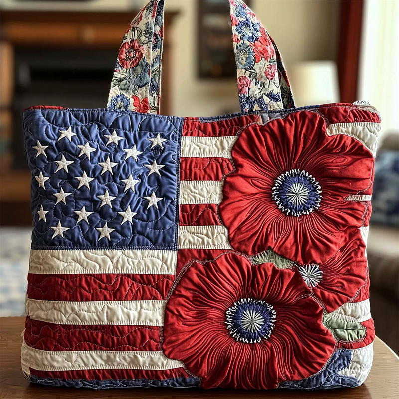 American Flag Floral Quilted Canvas Tote Bag