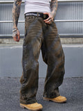Men's Streetwear Vintage Loose Fit Wash Denim Scimitar Jeans