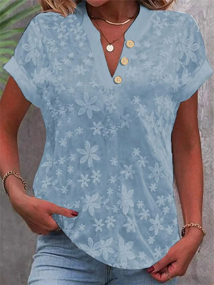 Women's Summer Embroidered V Neck Casual Short Sleeve Shirt